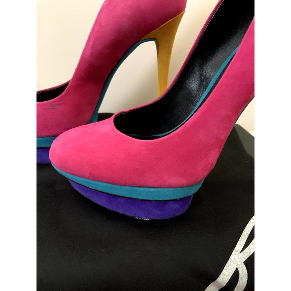 Brian Atwood Fontanne Multicolor Suede Platform Pumps - Picture 7 of 13
